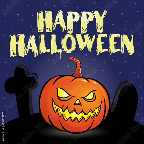 A poster on the theme of the Halloween holiday. Jack O pumpkin with carved eyes and mouth on the background of the old abandoned cemetery. Vector illustration