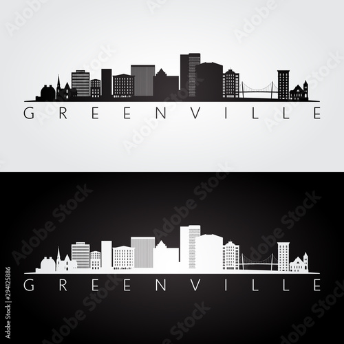 Greenville USA skyline and landmarks silhouette, black and white design, vector illustration. photo