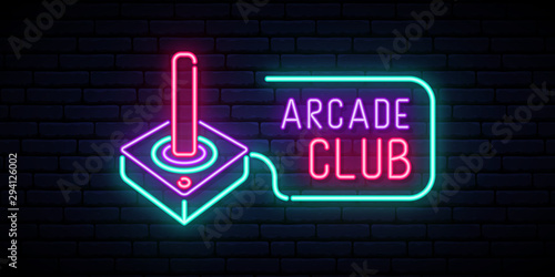 Retro joystick neon sign. Video game and entertainment design template. Night bright signboard. photo