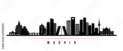 Madrid skyline horizontal banner. Black and white silhouette of Madrid, Spain . Vector template for your design.
