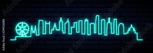Blue neon skyline of Melbourne City. Bright Melbourne City long banner. Vector illustration.