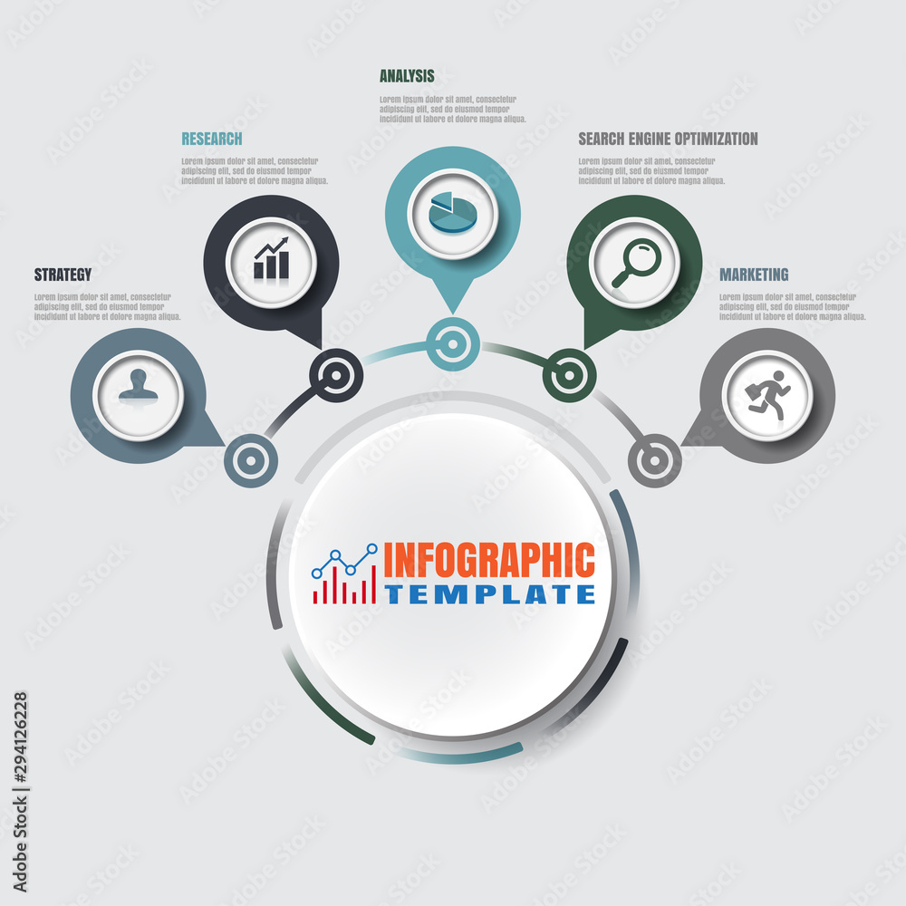 Obraz premium Business road map timeline infographic with 5 steps circle designed for background elements diagram planning process web pages workflow digital technology data presentation chart. Vector illustration