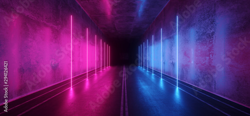 Asphalt Cement Road Double Lined Sci Fi Futuristic  Concrete Walls Underground Dark Night Car Show Neon Laser Led Lights Glowing Purple Blue Arc Virtual Stage Showroom 3D Rendering