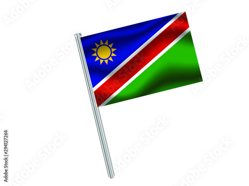 Namibia Waving national flag on metal flagpole, isolated on white background. original colors and proportion. Vector illustration, from countries flag set