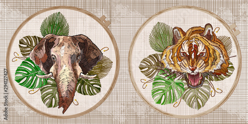Elephant and tiger. Embroidery collection. Template tambour frame with a canvas, elements from stitches. Art for clothes