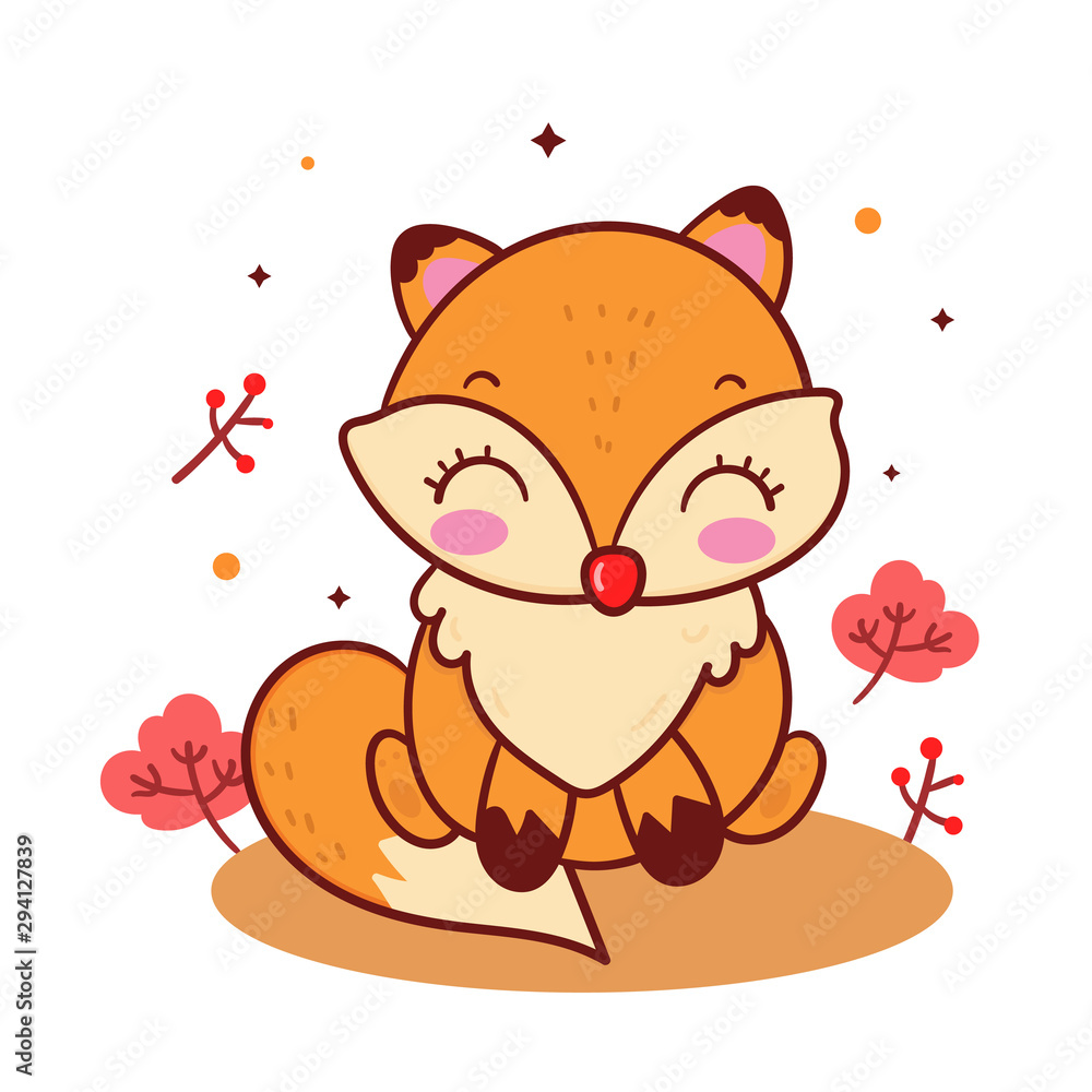 Cute fox vector Kawaii animal cartoon, autumn woodland forest characters  (poster illustration). Sweet Nursery decoration.Doodle,Valentine day,  anniversary, save the date,baby shower, bridal, birthday. vector de Stock |  Adobe Stock