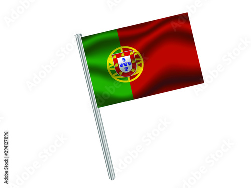 Portugal Waving national flag on metal flagpole, isolated on white background. original colors and proportion. Vector illustration, from countries flag set