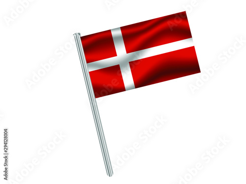 Denmark Waving national flag on metal flagpole, isolated on white background. original colors and proportion. Vector illustration, from countries flag set