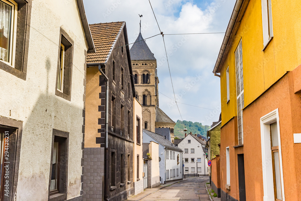 Colorful houses and church tower in Andernach, Germany Colorful houses and church tower in Andernach, Germany
