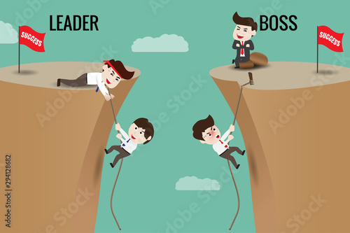 The difference between leader and boss. Flat design vector cartoon illustration
