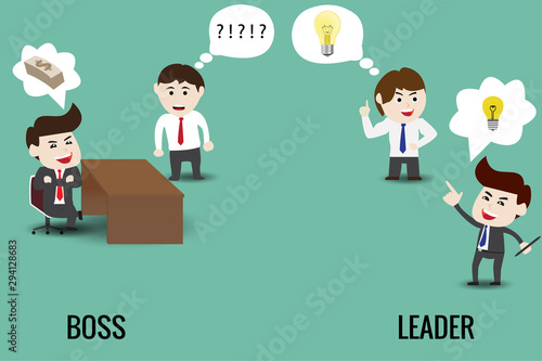 The difference between leader and boss. Flat design vector cartoon illustration