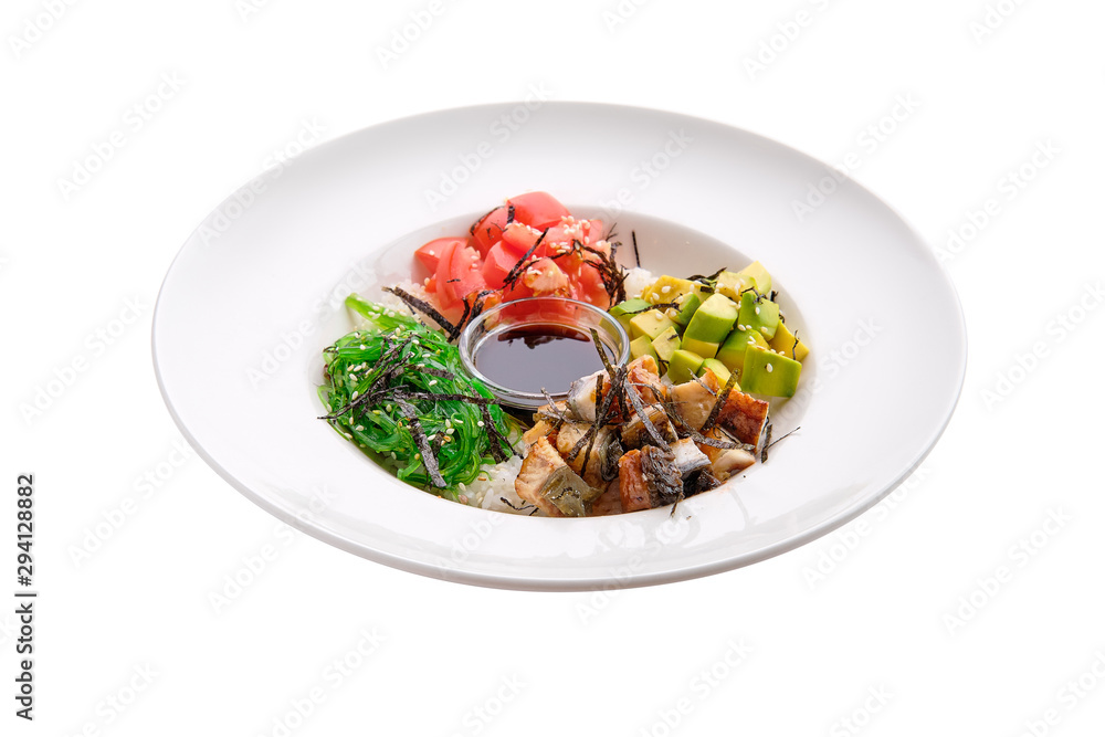 Unagi sashimi rice bowl with avocado, seawed, tomato and soy sauce isolated on white Unagi sashimi rice bowl with avocado, seawed, tomato and soy sauce isolated on white
