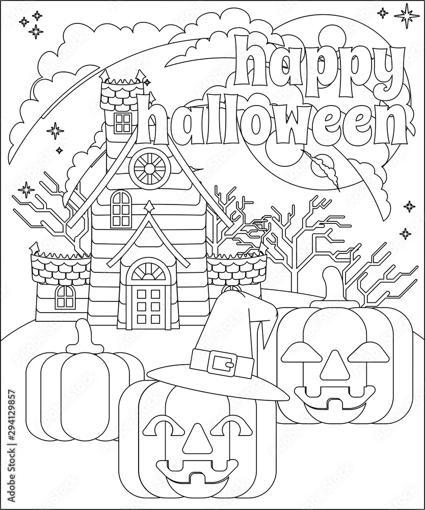 A Happy Halloween background or party invite with a Haunted House and carved Jack O Lantern pumpkins
