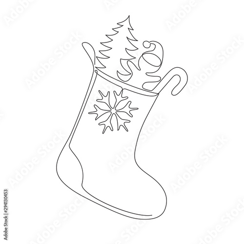 vector monochrome one line illustration with Christmas sock.