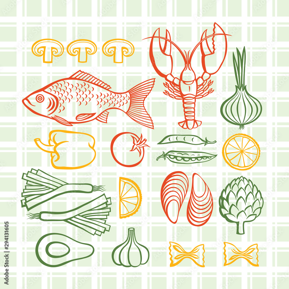 Vector hand drawn seafood and vegetables pattern. Vector hand drawn seafood and vegetables pattern.