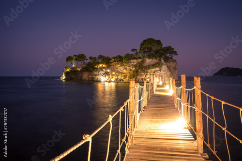 Cameo island at night. Hanging bridge to the island at night, Zakhynthos in Greece.