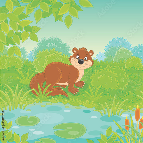 Brown river otter in grass by a small blue lake in a wild green forest on a summer day  vector illustration in a cartoon style