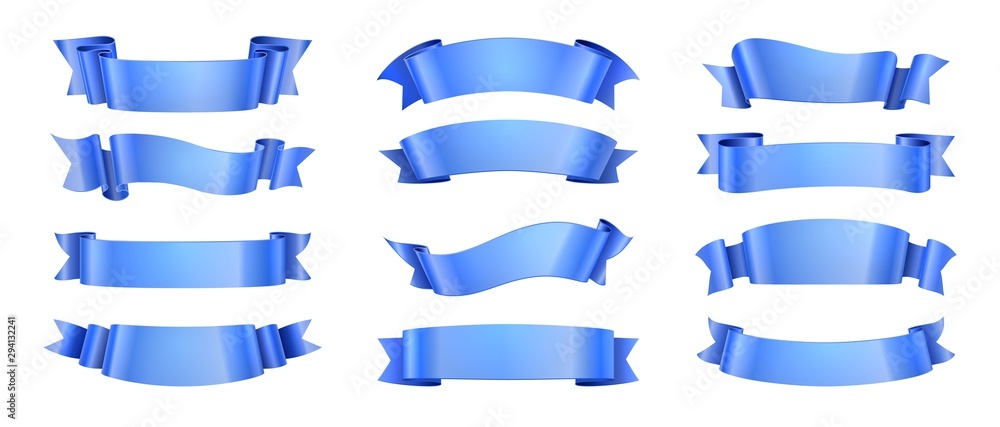 Blue ribbons. Realistic ribbon collection isolated on white background. Vector elegance wave decoration elements with scroll shape for celebration label banner design or message