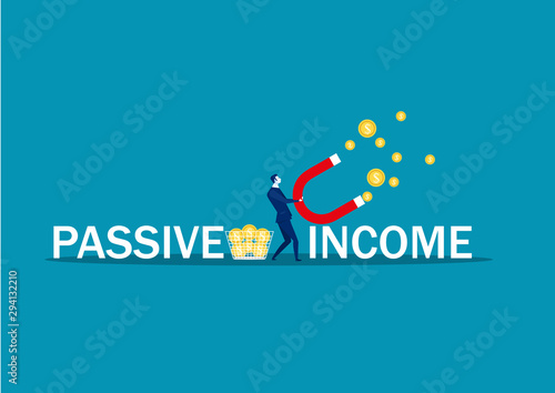 business man try to attract money with magnet passive income word vector illustrator.