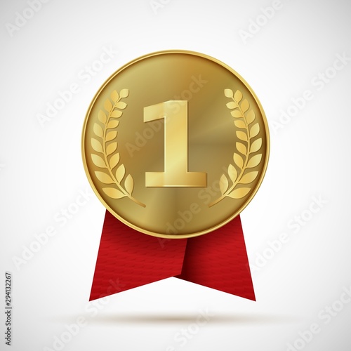 Gold medal with red ribbon. First place golden design bage. Realistic vector illustration symbol places numbers one like award sports hero on white background