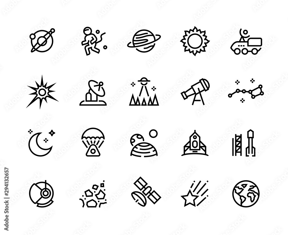 Space line icons. Planets and stars infographic elements with astronaut ...