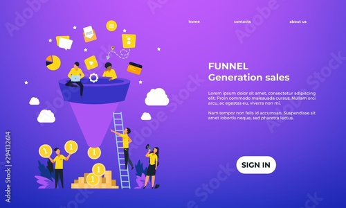 Leads generation landing page. Increasing customers web page template, inbound marketing concept. Vector illustration web page funnel sales potential client for generate traffic