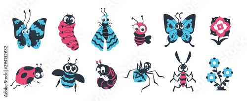 Cute insects. Cartoon bugs with happy face, spider caterpillar butterfly and other colorful characters for vector children illustration. Group funny fly animals in wildlife with flowers