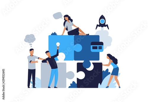 Business puzzle concept. Teamwork and partnership flat puzzle with cartoon businessman. Vector illustrations people connected in collaboration for jigsaw solutions and development business photo