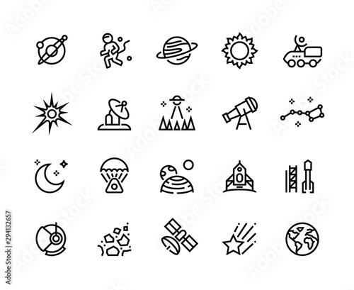 Space line icons. Planets and stars infographic elements with astronaut alien rocket and other astronomy and cosmos vector symbols. Set futuristic idea outline sign observatory capsules