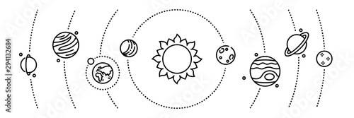 Planet line icons. Cosmos objects and solar system planets infographic elements. Vector illustration astronomy and space thin line banner universe map symbols photo