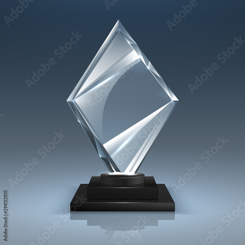 Glass trophy. Realistic transparent winner award, 3D glass or acrylic competition prize. Vector isolated image blank crystal cup on base like winning trophies on gray background