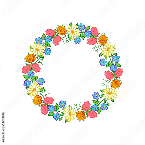  Meadow, summer flowers. A wreath of colorful, meadow flowers on a white background. Vector illustration.