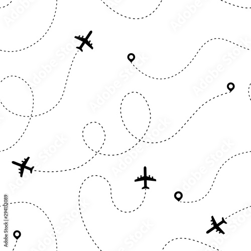 Airplane dotted path. Travel and tourism routes romantic illustration concept. Vector seamless pattern plane black dots line drawing romantic honeymoon pointing destinations wedding