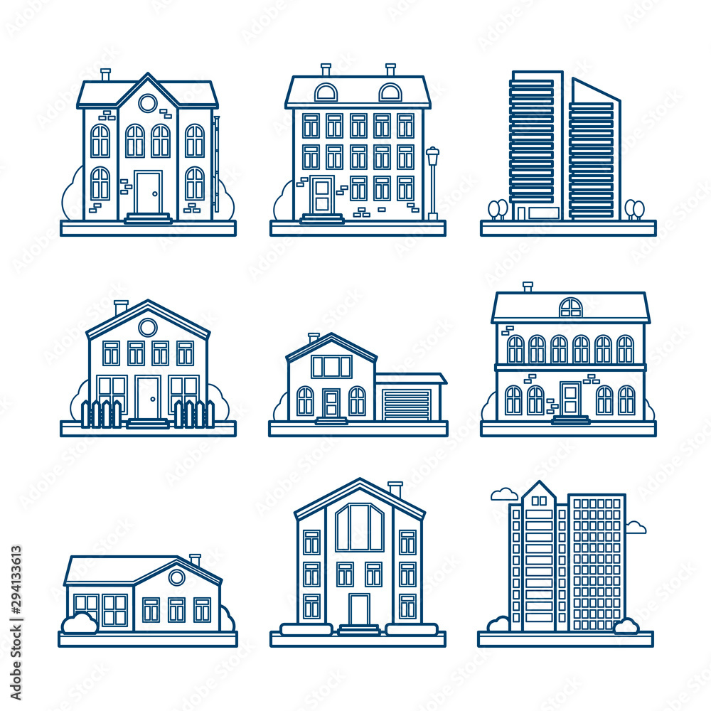 Fototapeta premium Set of vector line city and rural houses for web design and illustration