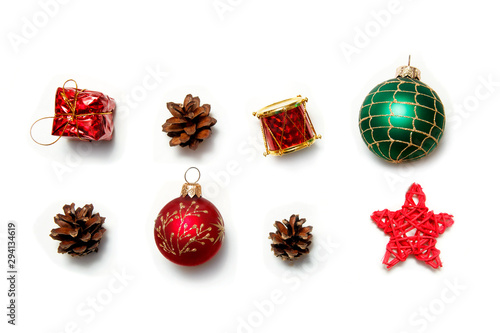 Christmas composition. Christmas balls, pine, gift and decorations on white background. Flat lay, top view, copy space