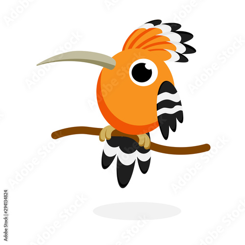 Funny cute hoopoe. Upupa epops bird. Cartoon character. Flat vector stock illustration on white background