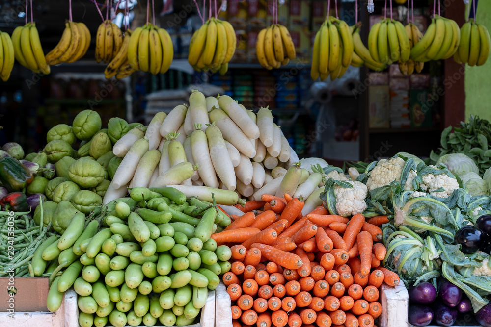 Fresh vegetables on display at outdoor farmers market at little India, street market, Singapore , closeup