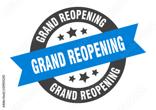 grand reopening sign. grand reopening blue-black round ribbon sticker