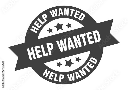 help wanted sign. help wanted black round ribbon sticker