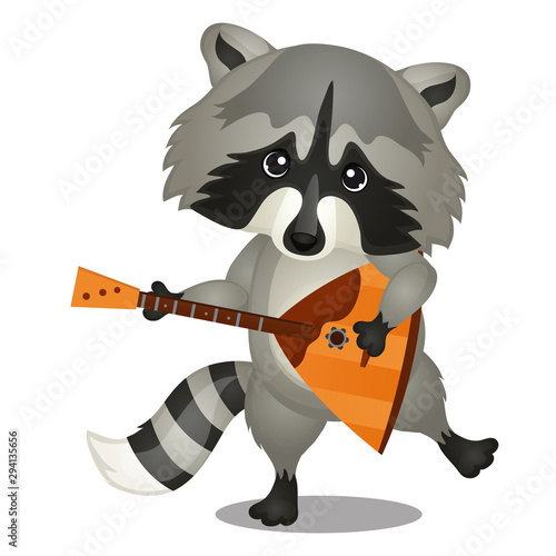 Small wild forest animal play on musical instrument. Raccoon with balalaika isolated on white background. Sketch of festive poster, party invitation, holiday card. Vector cartoon close-up illustration