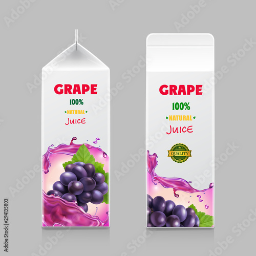 Juice carton box in drink 3d pack with grape branch isolated realistic vector illustration