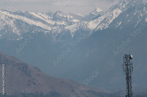Landscape view of snow mountains with tower.Snow peaks in jammu and kashmir India.