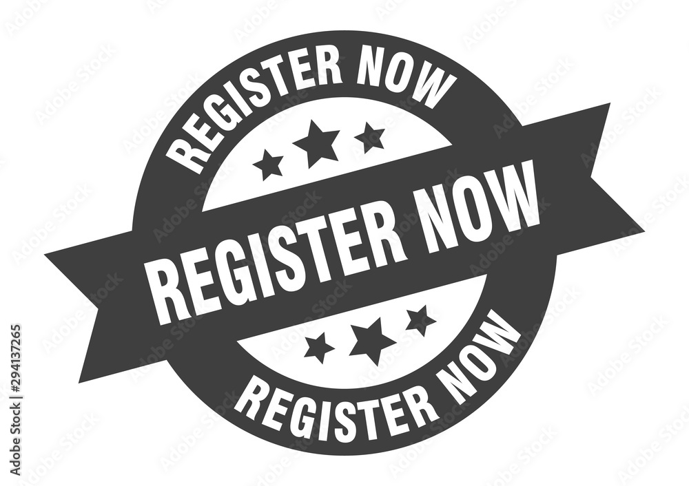 Obraz premium register now sign. register now black round ribbon sticker
