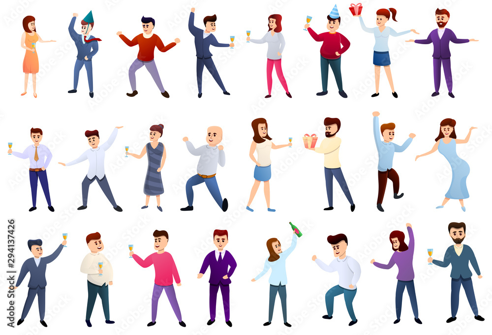 Office party icons set. Cartoon set of office party vector icons for web design