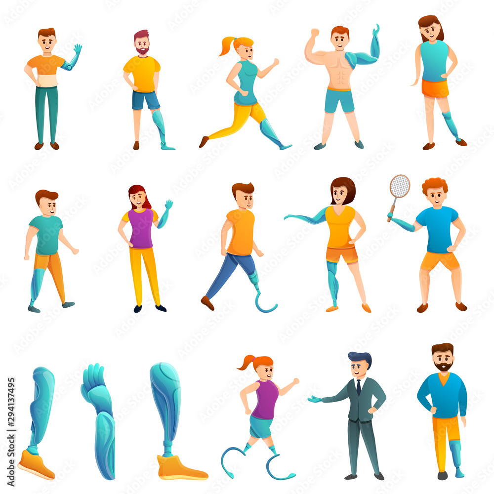 Artificial limbs icons set. Cartoon set of artificial limbs vector icons for web design