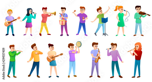 Music school people icons set. Cartoon set of music school people vector icons for web design