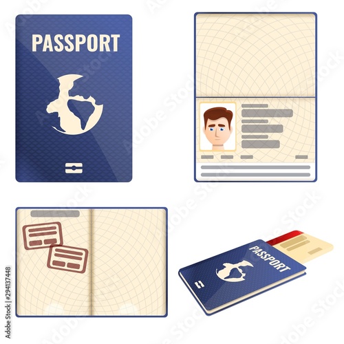 Passport icons set. Cartoon set of passport vector icons for web design