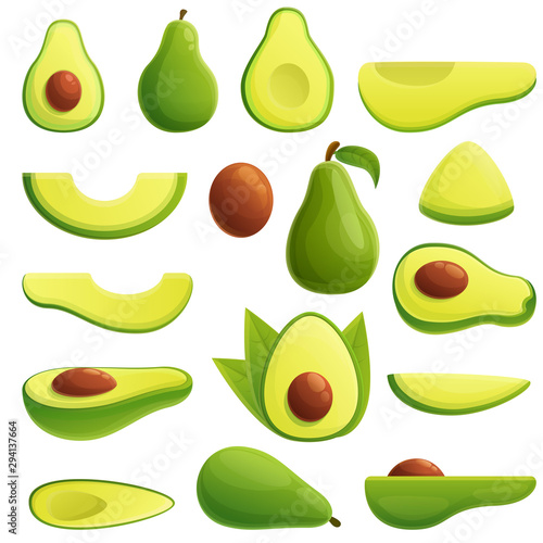 Avocado icons set. Cartoon set of avocado vector icons for web design