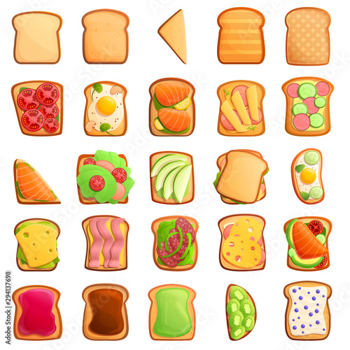 Toast icons set. Cartoon set of toast vector icons for web design