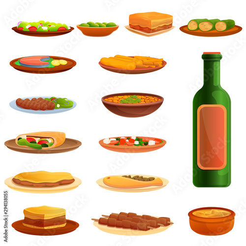 Greek cuisine icons set. Cartoon set of Greek cuisine vector icons for web design